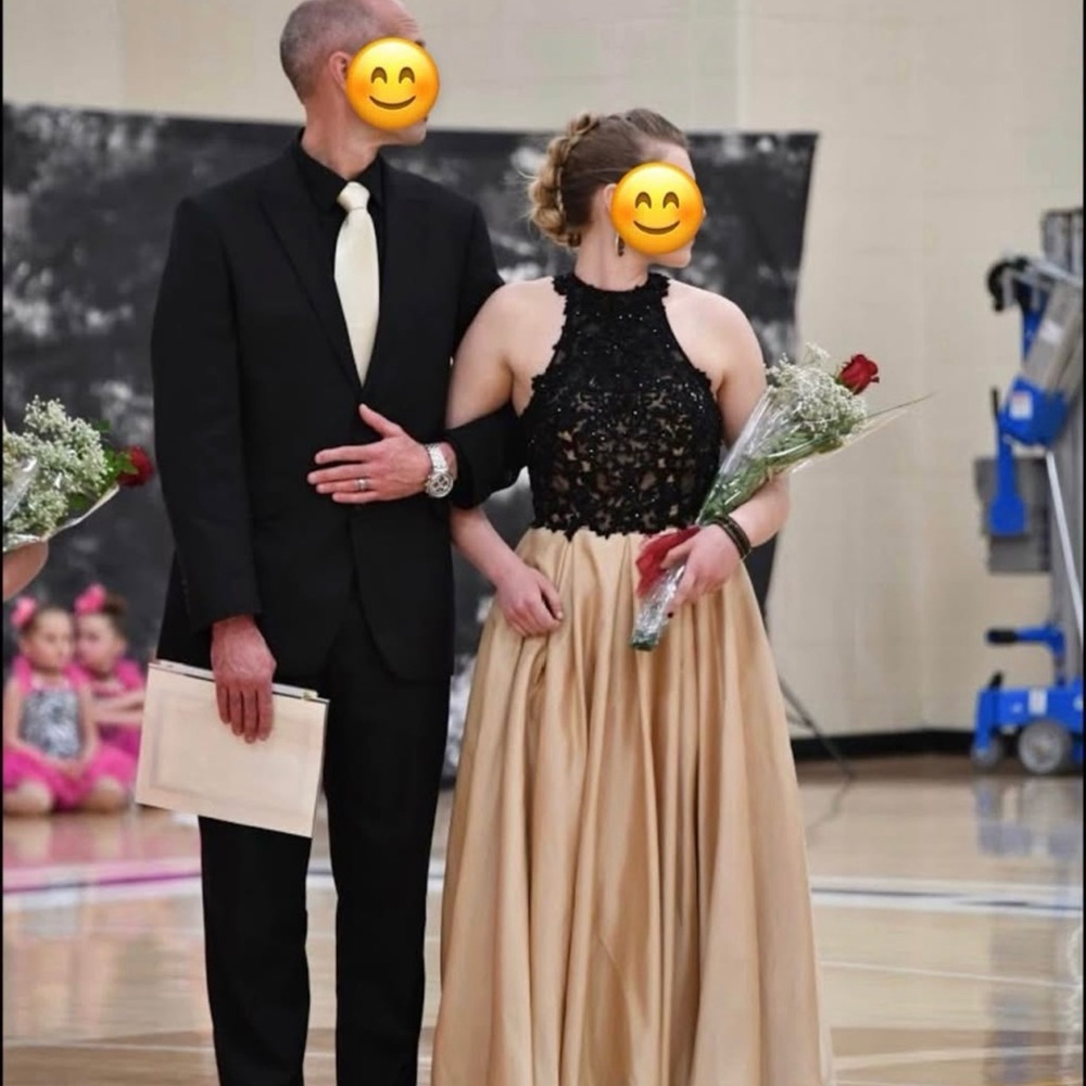 Elegant Black and Champagne Prom Halter Dress